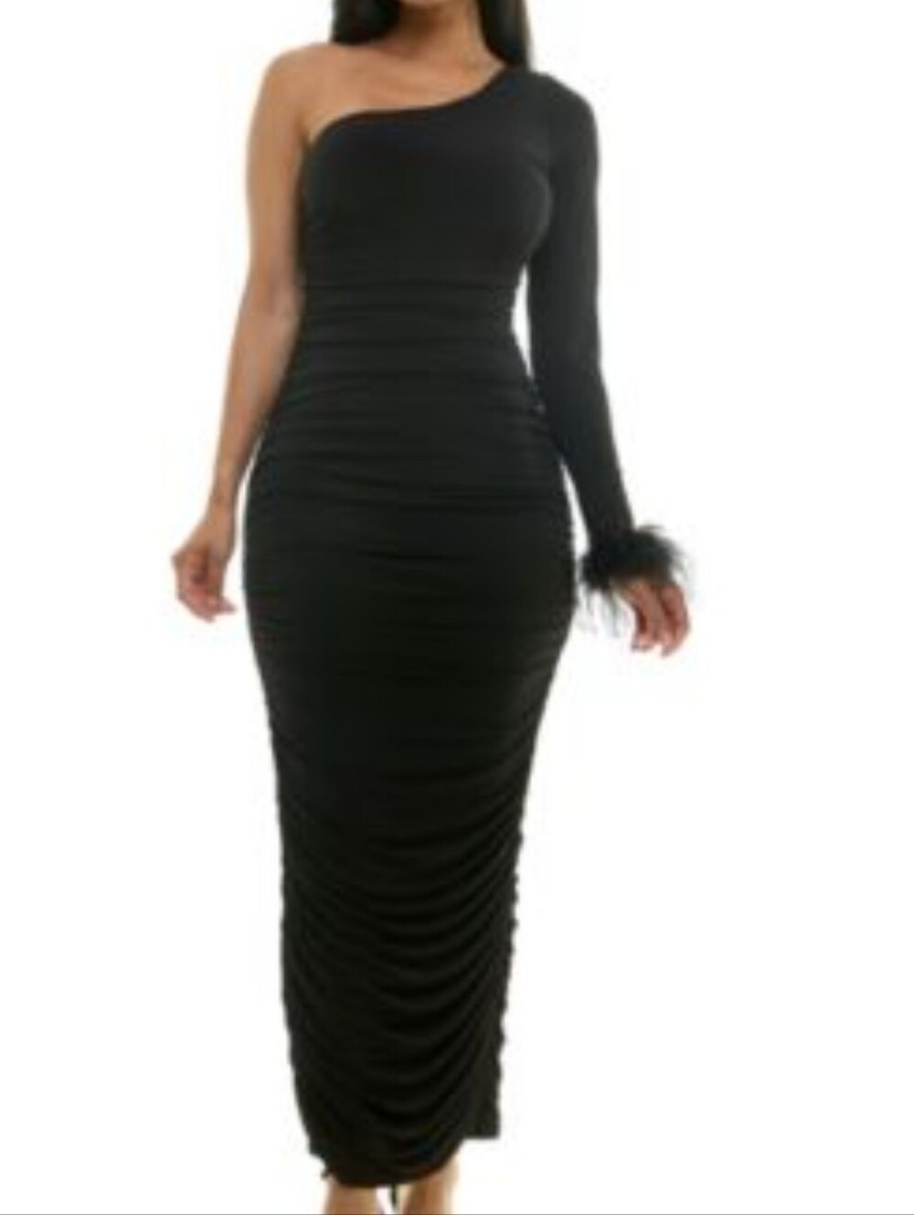 City Studiis One-Shoulder Black Ruched Dress with Feather Cuff Size 11/12